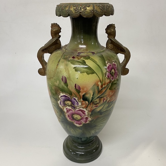 VASE, Antique Urn - Green Gold Pink Floral